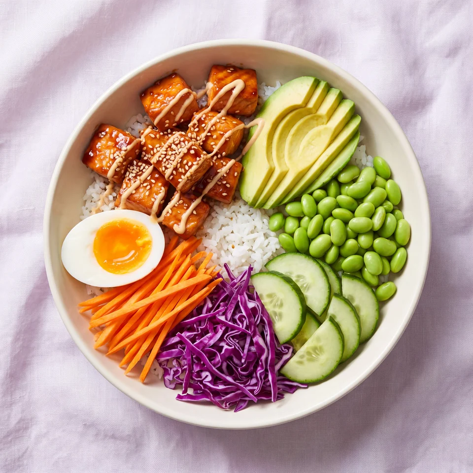 A colorful meal with salmon, rice, avocado, and vegetables