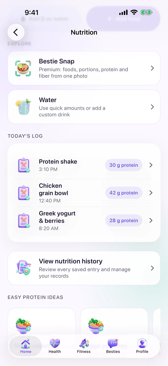 GLP-1 Bestie nutrition log showing meals and daily nutrients